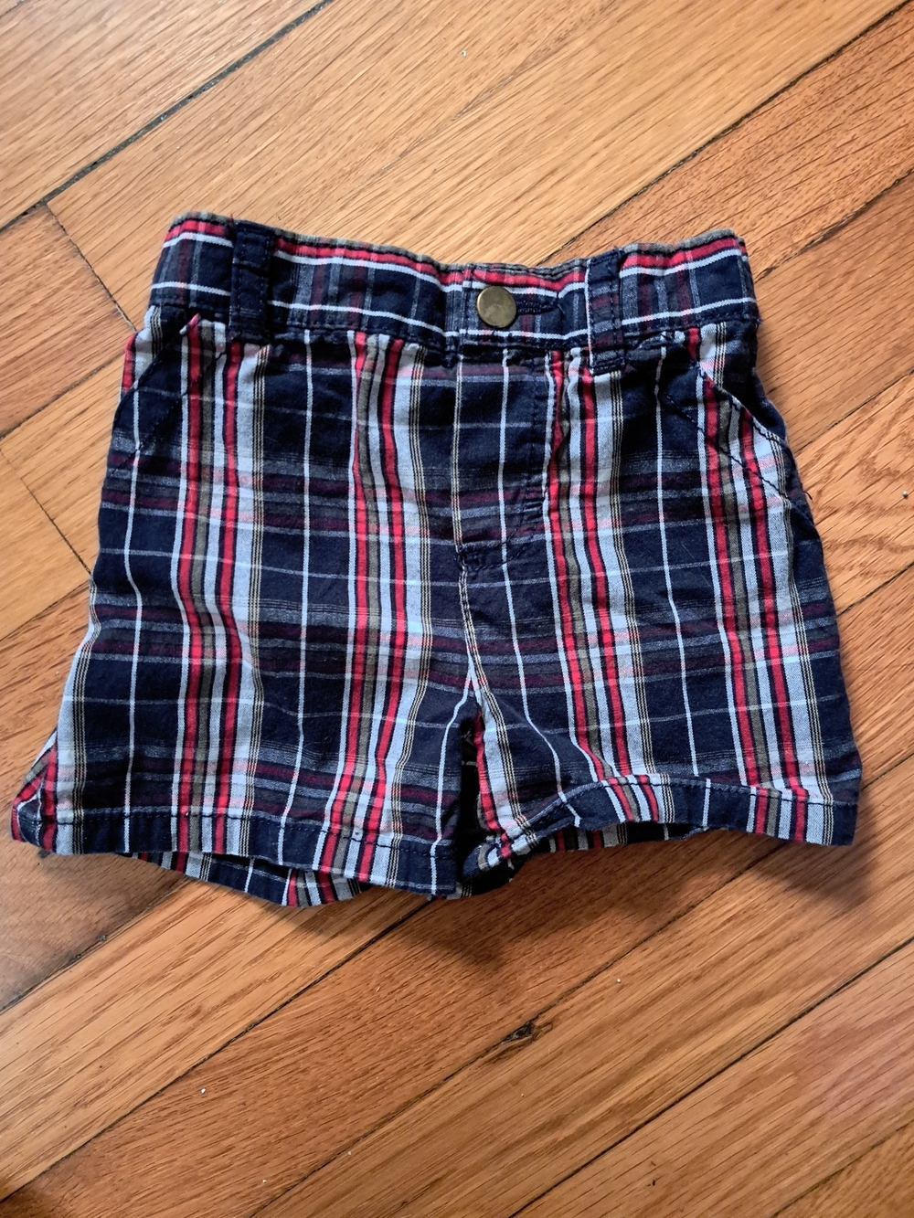 jumping beans Navy Plaid Cotton Shorts with Red & White Stripes